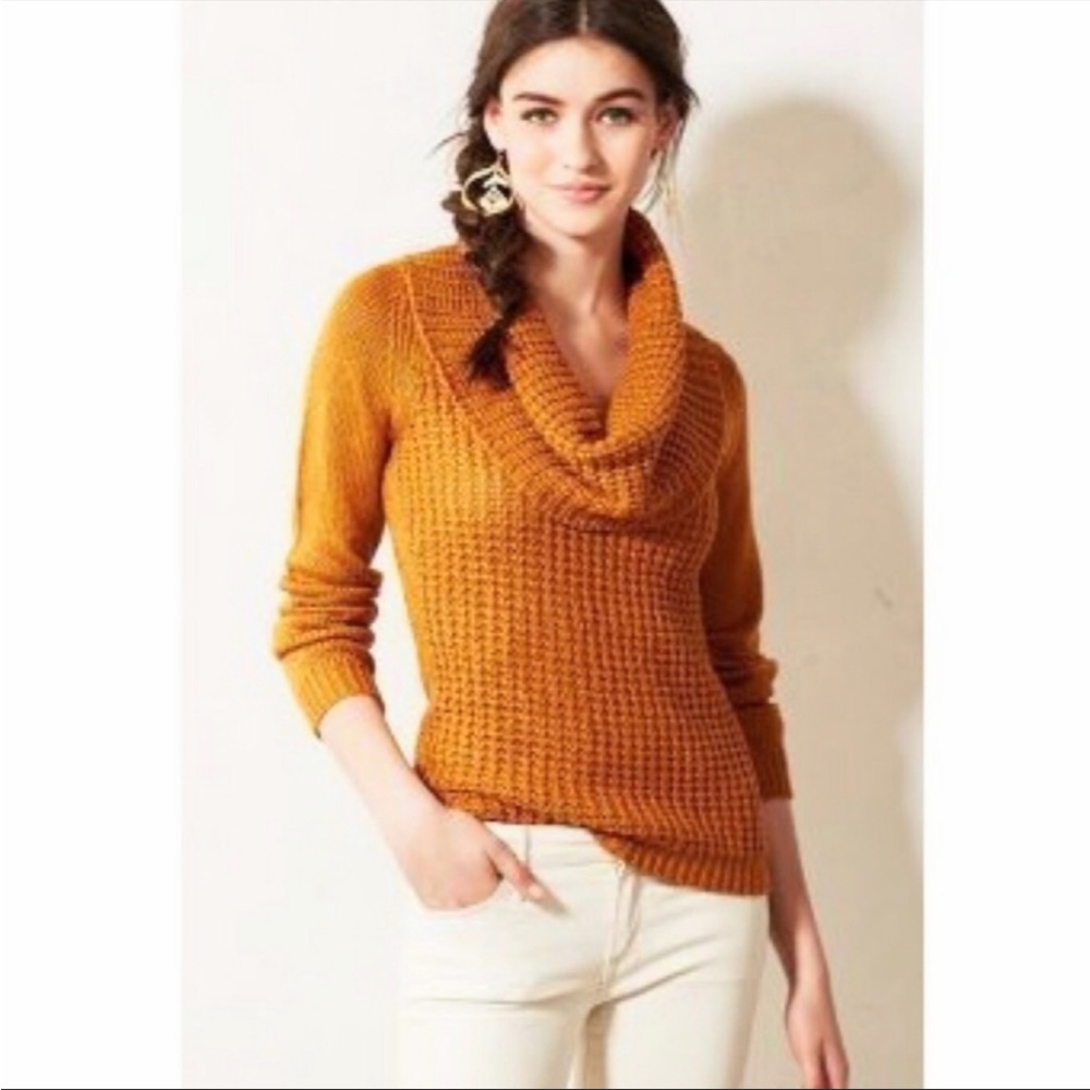 Anthropologie Angel of the North Mustard Waffle Knit Cowl Neck Sweater